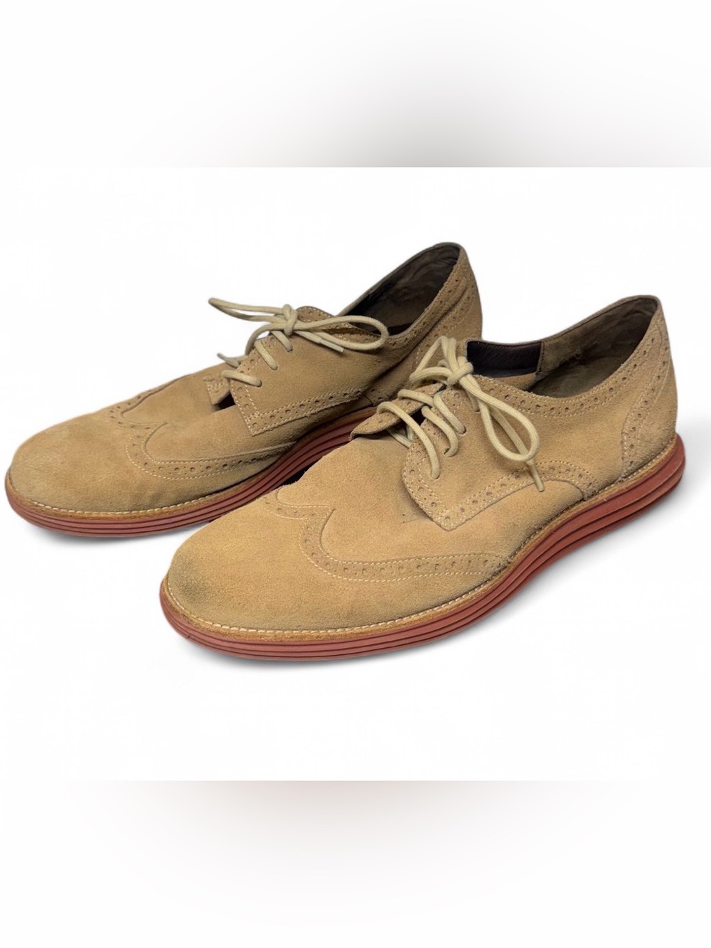 Men’s  Cole Haan LunarGrand Wingtip Oxfords in Milkshake Suede” (tan). Size 13.